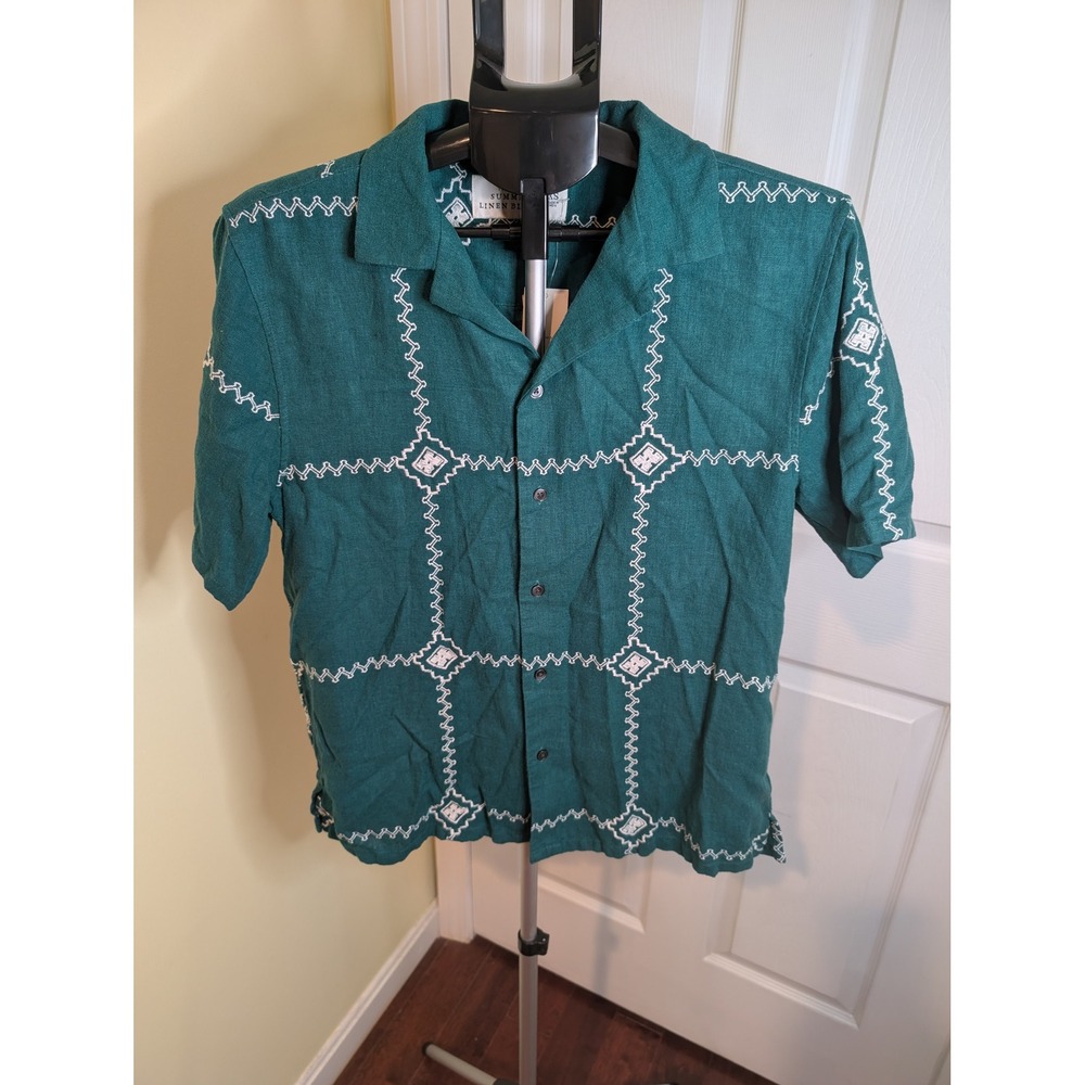 Abercrombie & Fitch Camp Collar Shirt Mens XS Green Linen Blend Embroidered NWT